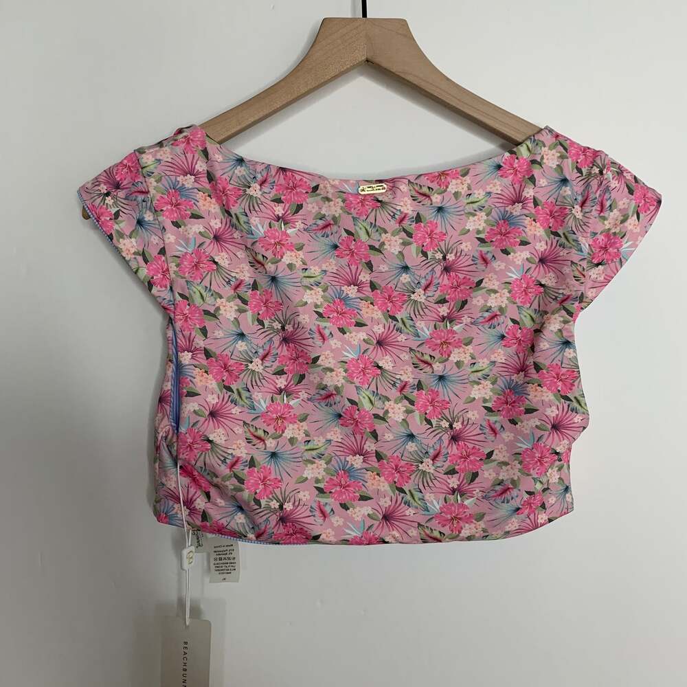 Beach Bunny Floral Tie-Front Reversible Swim Top Pink Floral Blue Stripe New XL - Picture 3 of 13